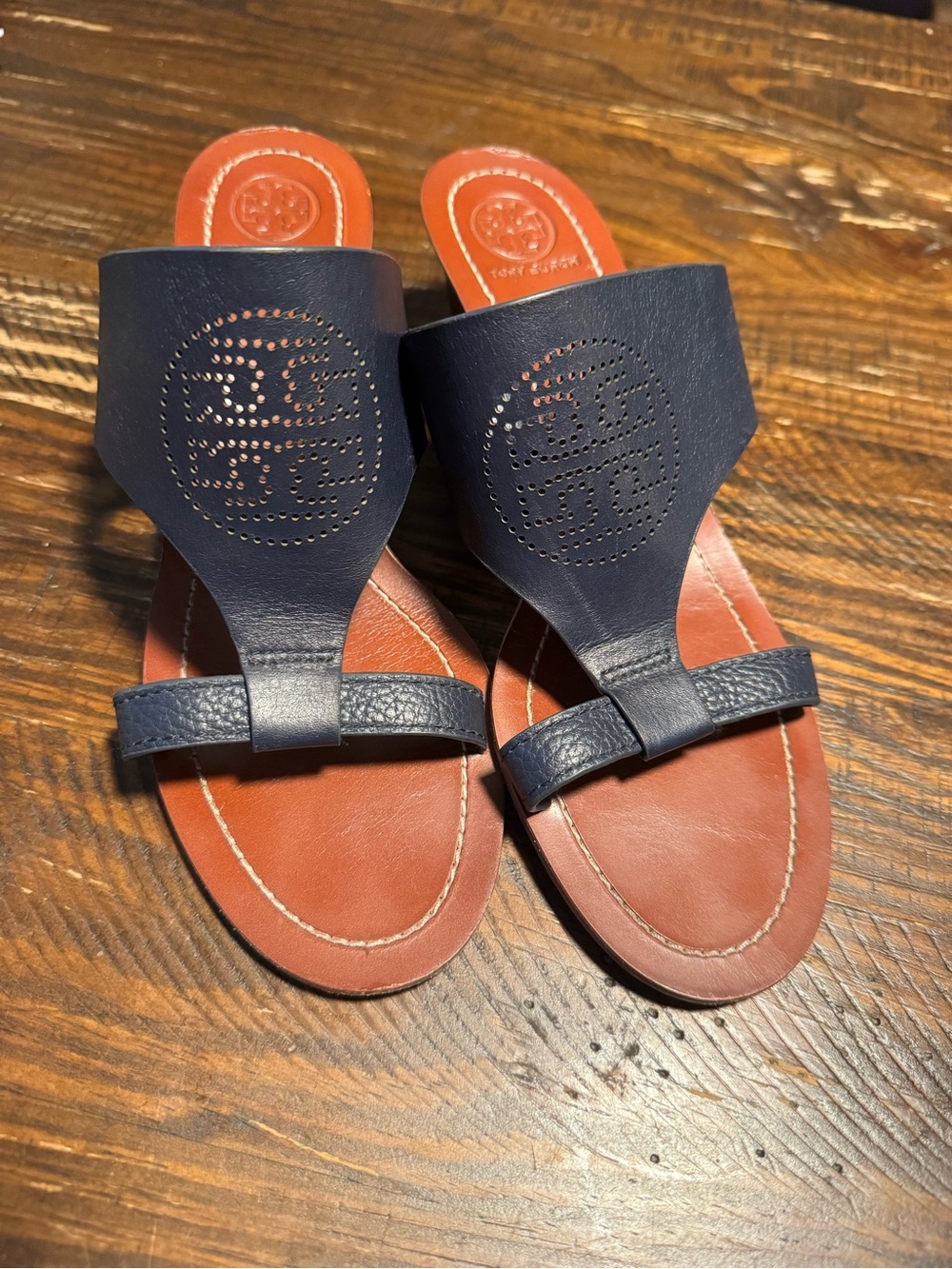 Tory Burch Navy Leather Logo Slide Sandals with Brown Footbed